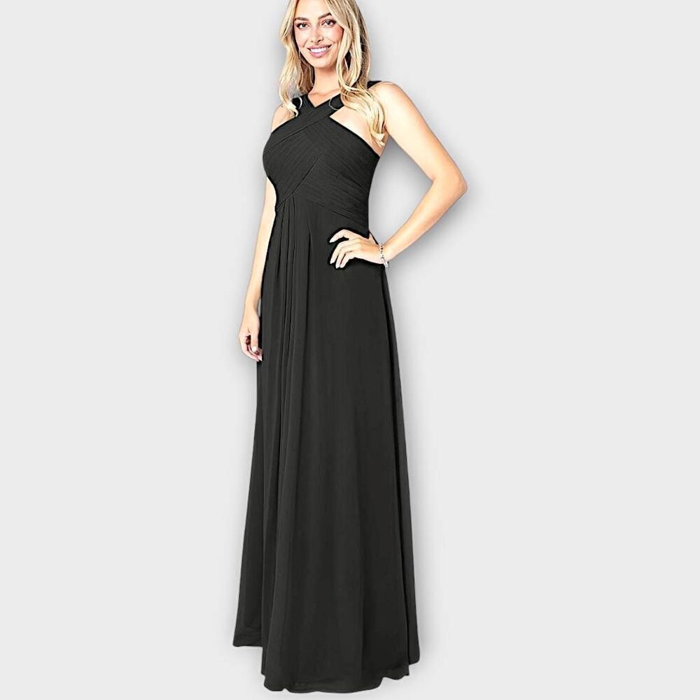 Azazie Kaleigh Womens Dress Sz  Small‎ Black ALine Chiffon Maxi Gown Wedding